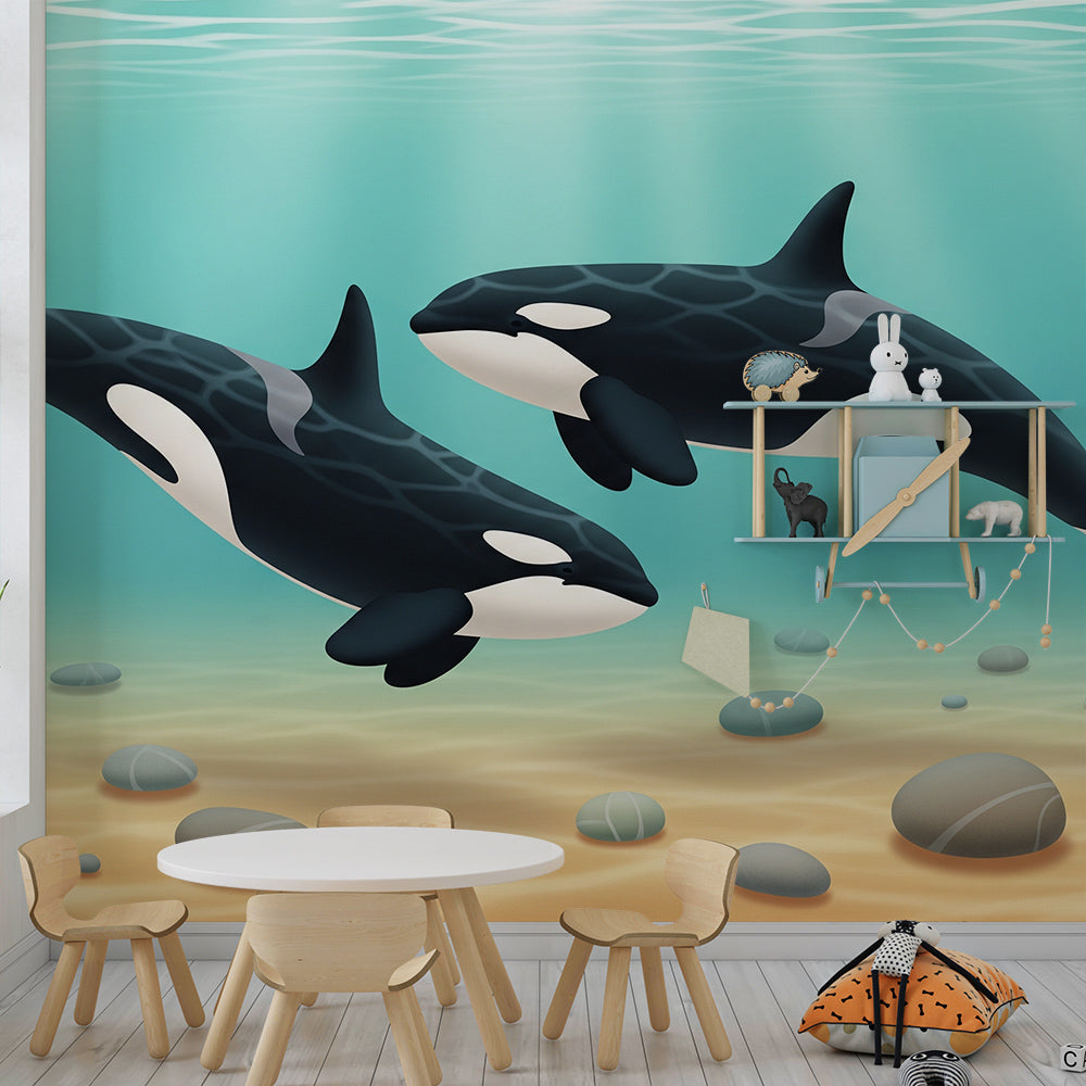 Kids-Mundo pebbled seabed orca wall mural brightening a children's playroom wall.