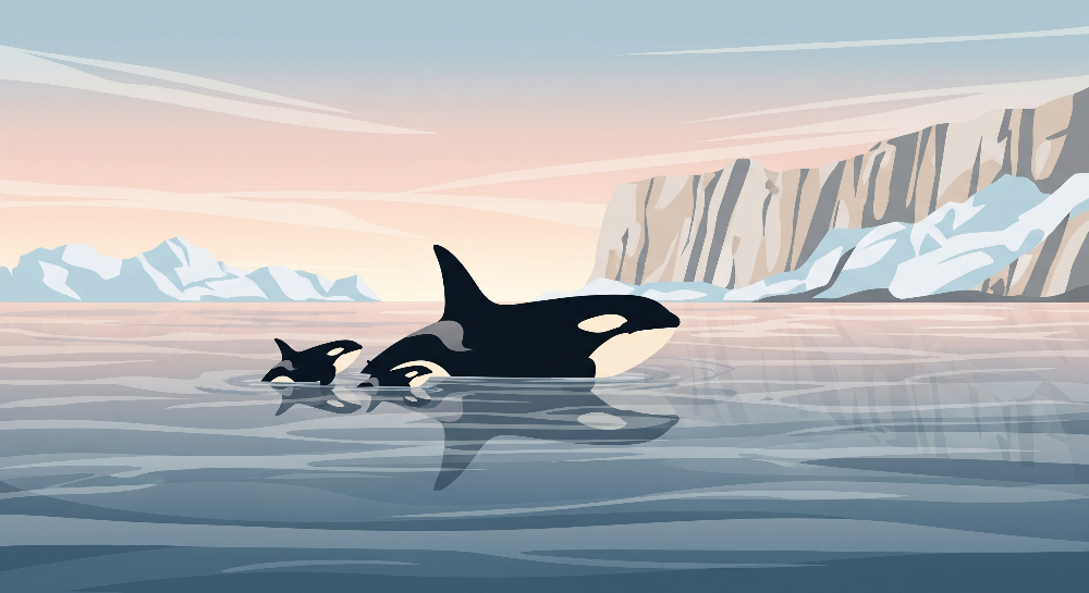 Kids-Mundo flat artwork of an orca and two calves surfacing at pastel arctic dusk