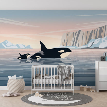 Kids-Mundo orca family wall mural covering a wall in a soft, calm children's playroom