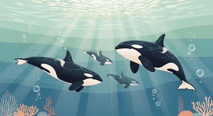 Kids-Mundo flat artwork of an orca family of four swimming together above a coral seabed