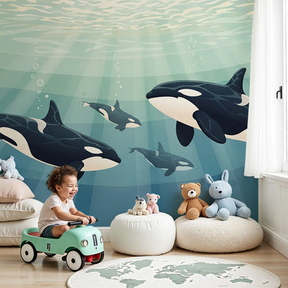 Kids-Mundo orca family wall mural styled behind a cot in a soft teal nursery
