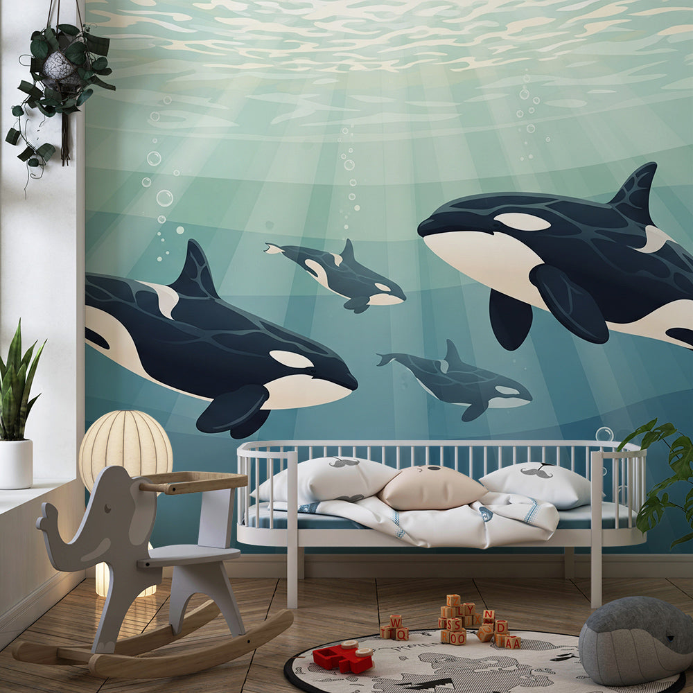 Kids-Mundo orca family wall mural bringing a lively underwater scene to a playroom