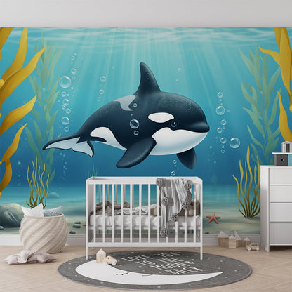 Kids-Mundo orca kelp forest wall mural bringing an underwater scene to a playroom