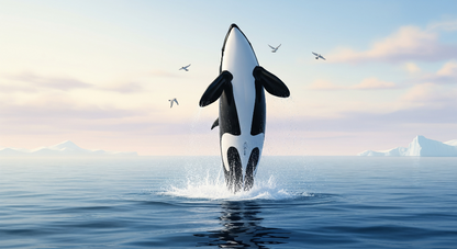 Kids-Mundo flat artwork of an orca leaping above icebergs under a soft pastel sky with birds