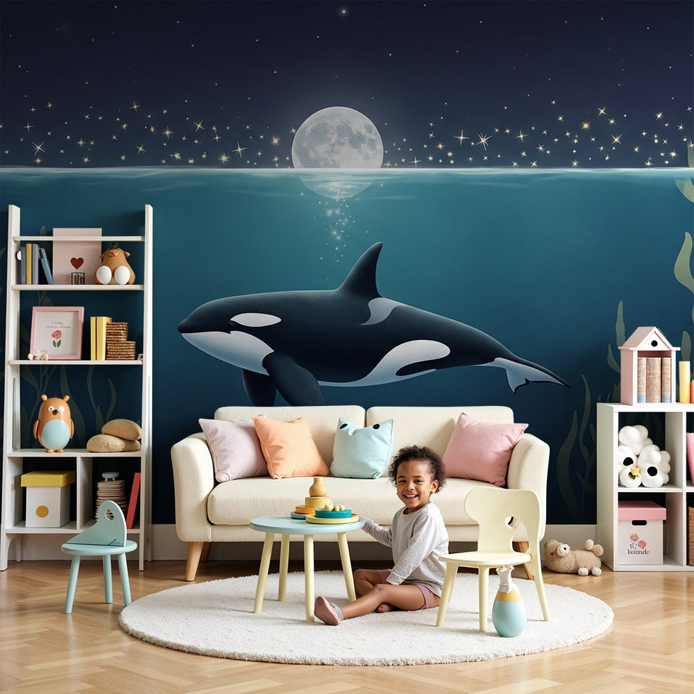 Kids-Mundo moonlit orca wall mural styled above a cot in a calm night-toned nursery.