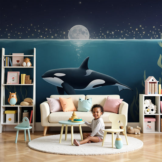 Kids-Mundo moonlit orca wall mural styled above a cot in a calm night-toned nursery.