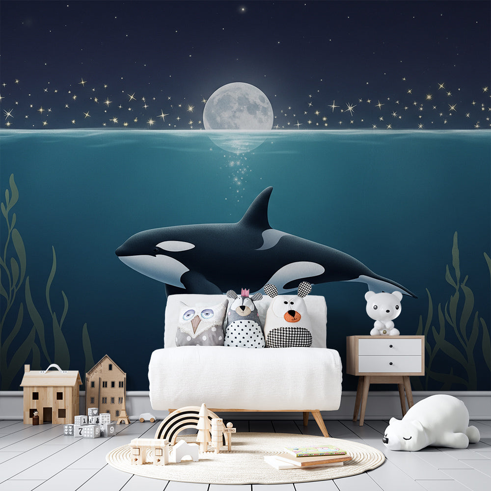 Kids-Mundo starry orca wall mural covering a playroom wall with moonlit seaweed.