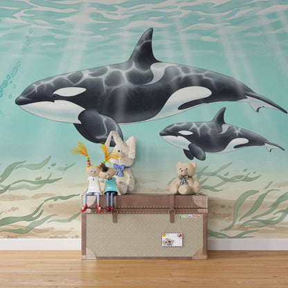 Made-to-measure Kids-Mundo orca wall mural adding a striking ocean scene to a playroom wall.