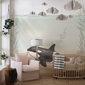 Ocean themed orca mural wallpaper transforming modern children's bedroom interior