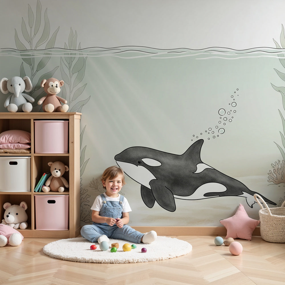 Orca underwater mural wallpaper creating serene ocean nursery decor by Kids-Mundo