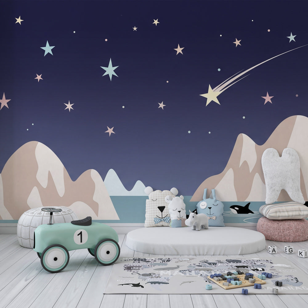 Marine animal wallpaper creating magical ocean atmosphere in children's playroom