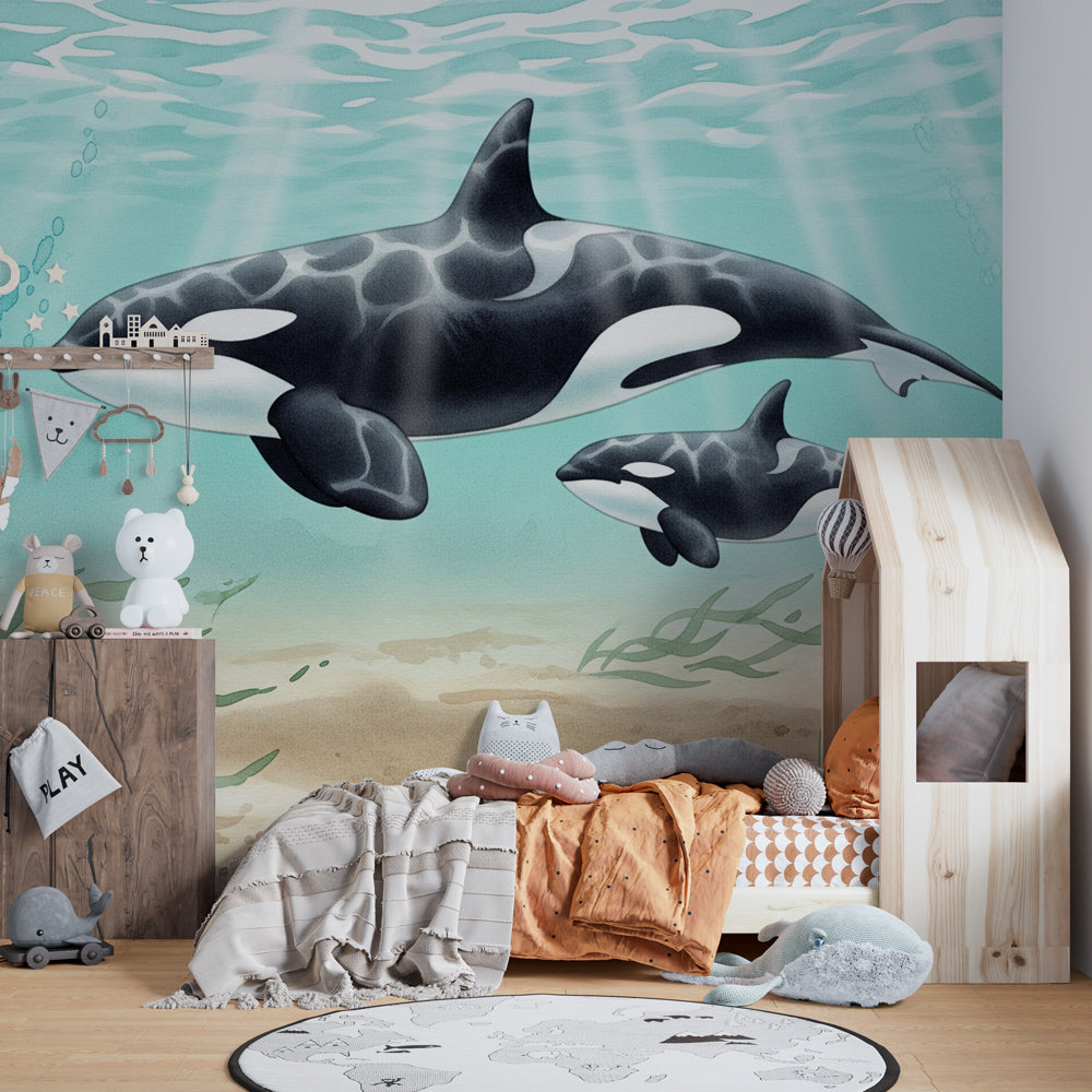 Marine themed orca mural wallpaper transforming kids bedroom into underwater adventure