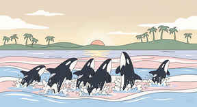 Detailed orca ocean mural wallpaper design pattern showing whales and tropical sunset by Kids-Mundo