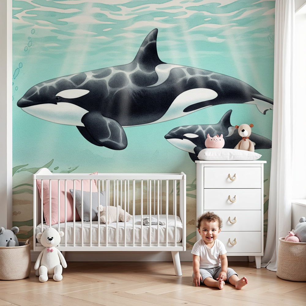 Orca ocean mural wallpaper creating magical underwater nursery decor by Kids-Mundo