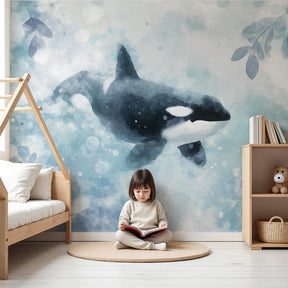 Orca ocean mural wallpaper creating peaceful marine nursery decor by Kids-Mundo