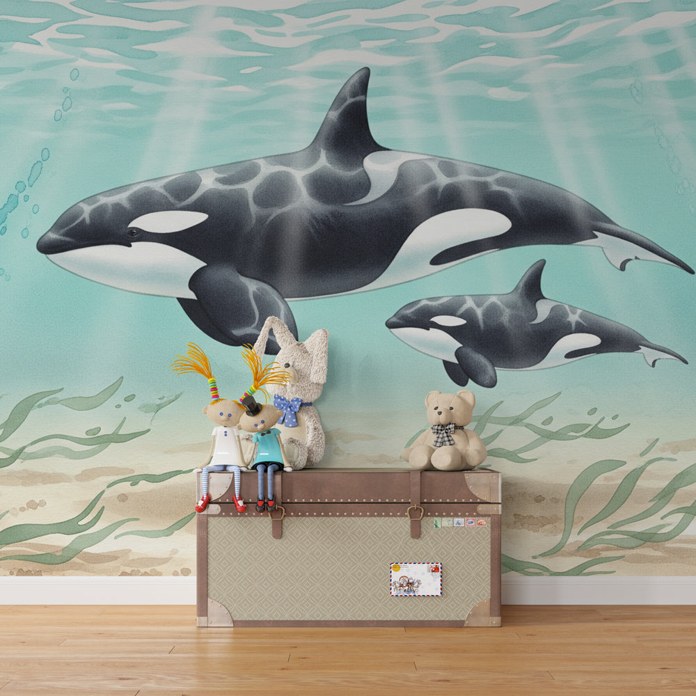Ocean orca mural wallpaper for children's playroom with underwater marine theme