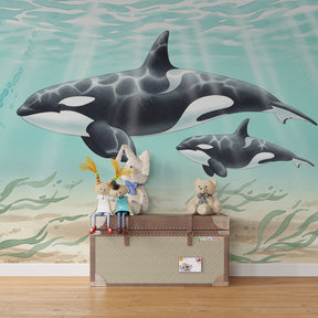 Ocean orca mural wallpaper for children's playroom with underwater marine theme