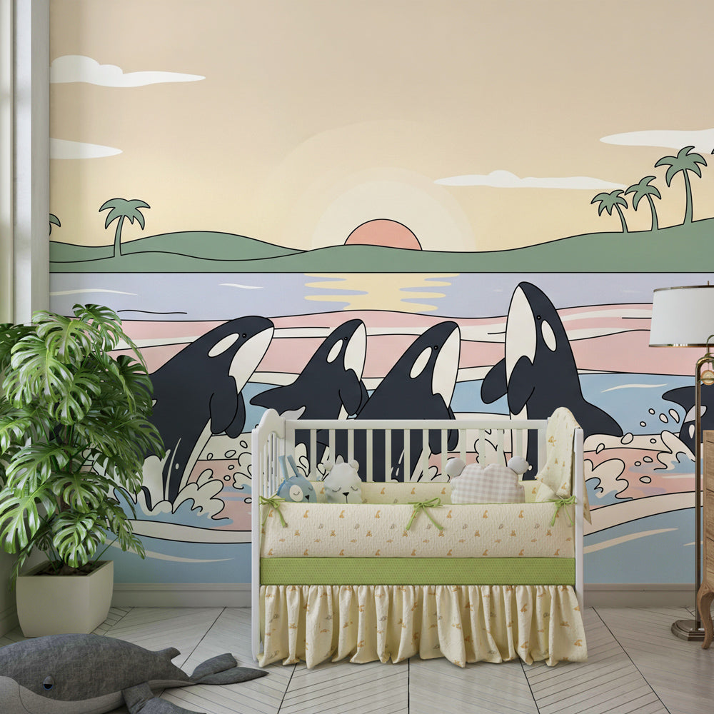 Ocean themed mural wallpaper with orcas and palm trees in children's room setting