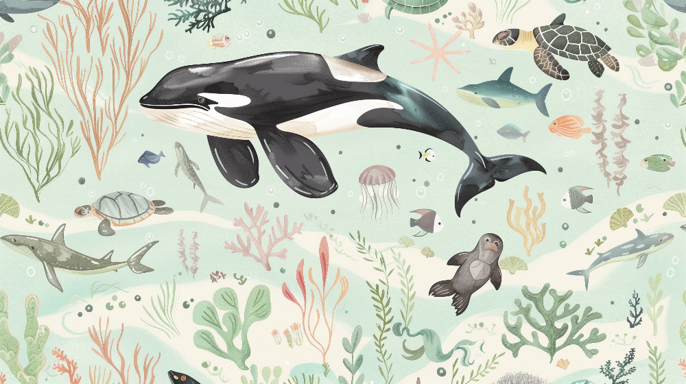 Kids-Mundo flat artwork of an orca, sea turtles, seal and coral reef for a wall mural