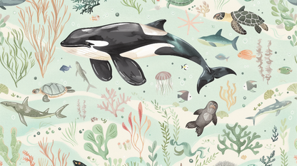 Kids-Mundo flat artwork of an orca, sea turtles, seal and coral reef for a wall mural
