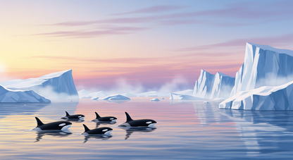 Kids-Mundo flat artwork of an orca pod resting among icebergs at pastel dawn.
