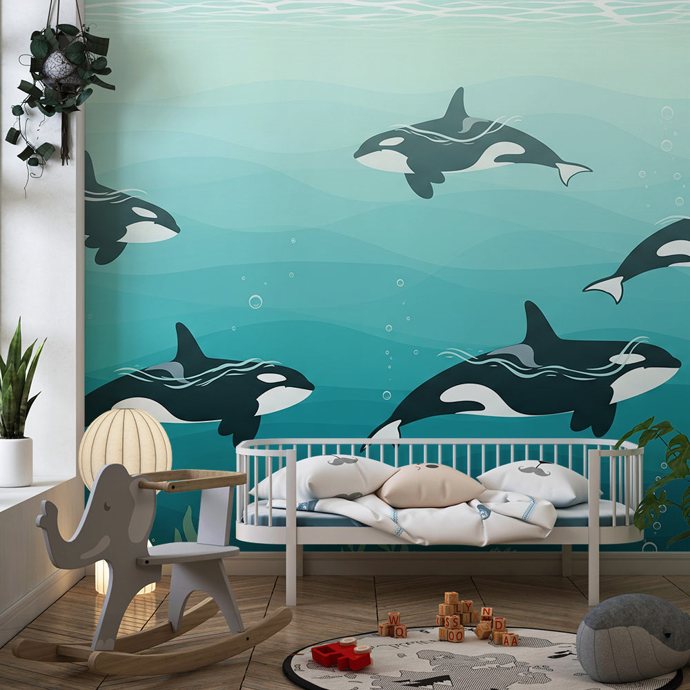 Kids-Mundo calm blue orca pod wall mural styled in a children's playroom.