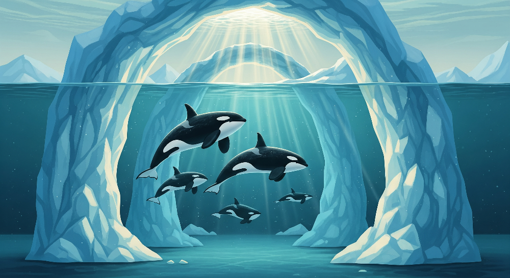 Kids-Mundo flat artwork of an orca pod swimming beneath a sunlit ice arch.
