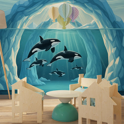 Kids-Mundo glowing ice arch orca wall mural covering a children's playroom wall.