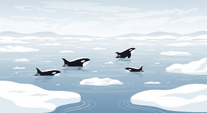 Kids-Mundo flat artwork of four orcas playing among icebergs in a pale arctic sea