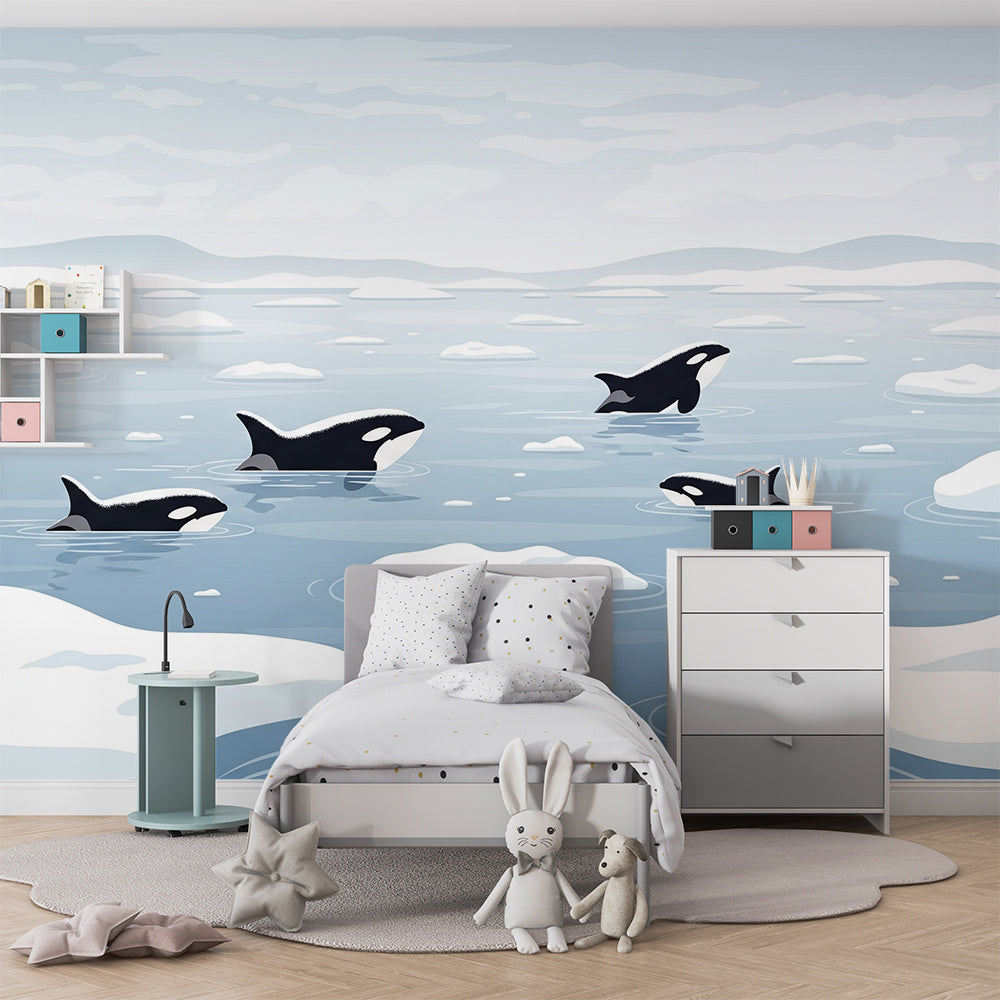 Kids-Mundo orca pod iceberg wall mural covering a wall in a bright children's playroom