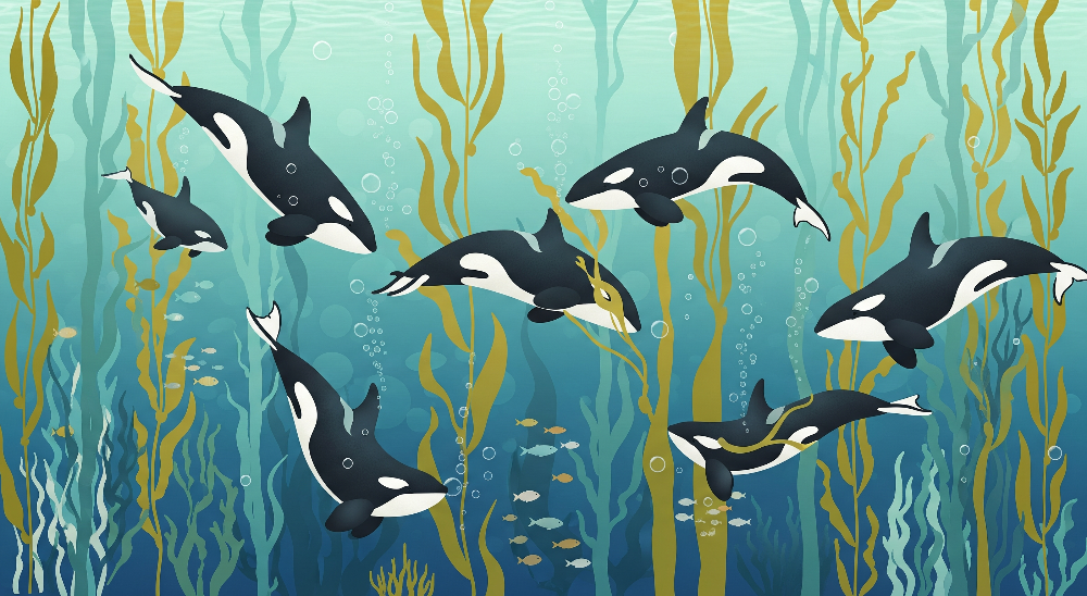 Kids-Mundo flat artwork of an orca pod swimming through a golden kelp forest.