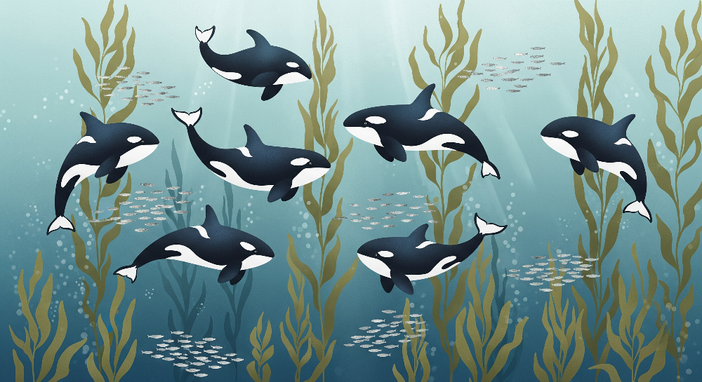 Kids-Mundo orca pod artwork showing orcas swimming through a teal kelp forest with schools of fish.