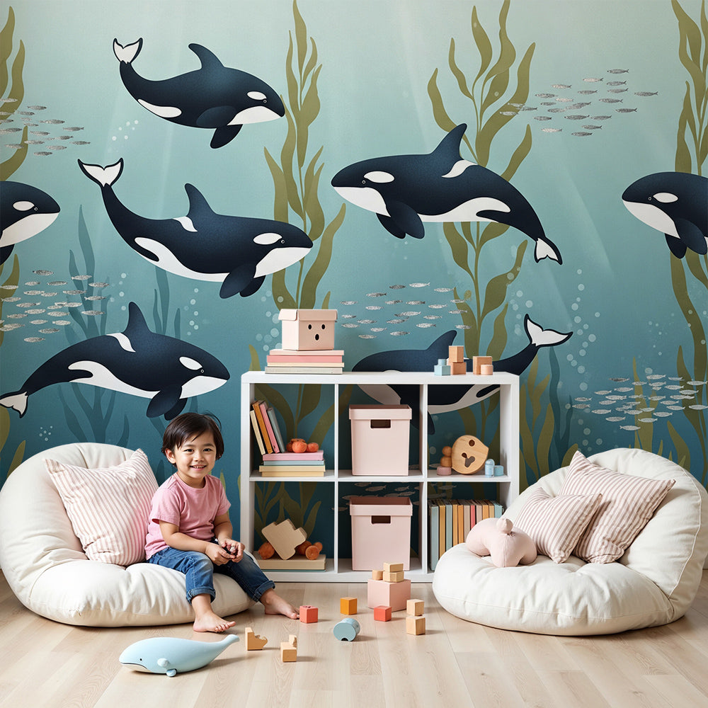 Kids-Mundo orca pod wall mural in a calm nursery, made-to-measure underwater wallpaper behind a cot.