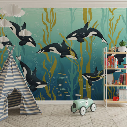 Kids-Mundo playful orca wall mural covering a children's playroom feature wall.