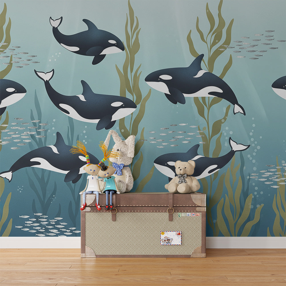 Kids-Mundo orca pod mural covering a playroom wall, made-to-measure kelp forest wallpaper design.