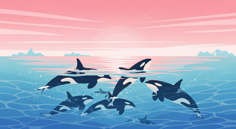 Kids-Mundo flat artwork of an orca pod leaping at sunset with icebergs, used for the wall mural print.