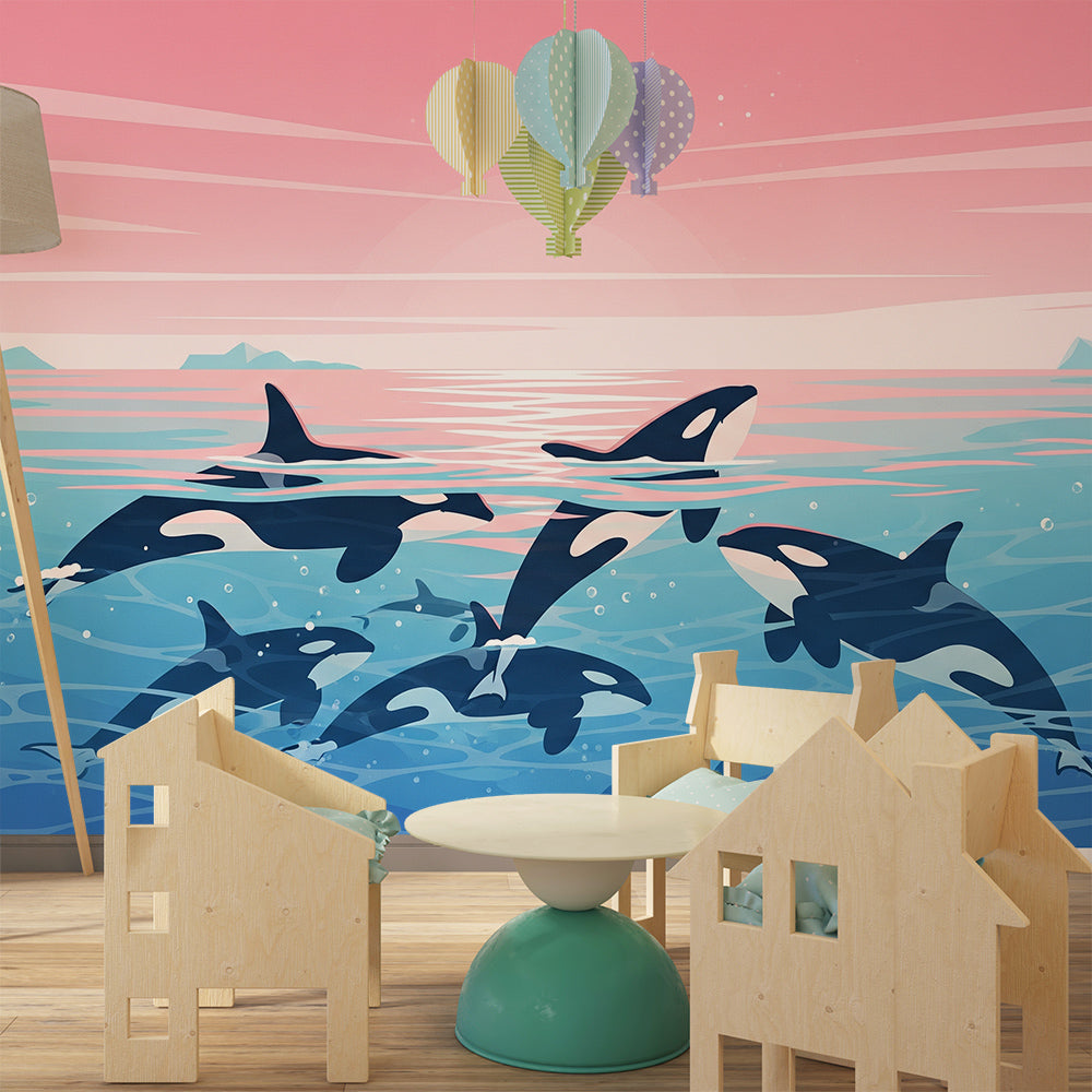 Kids-Mundo orca pod wall mural brightening a playroom wall with a leaping pod at sunset.