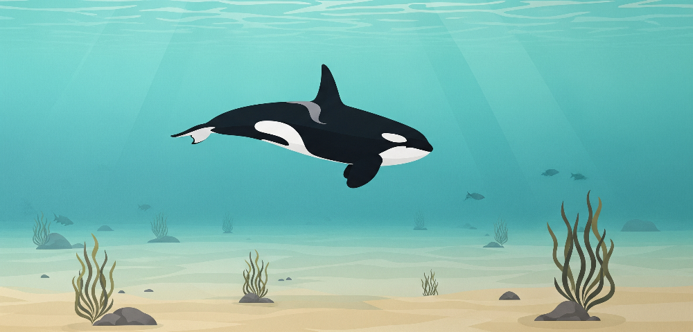 Kids-Mundo flat artwork of a single orca gliding over a sandy, sunlit seabed.