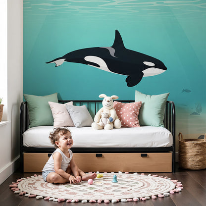 Kids-Mundo lone orca wall mural styled in a calm, light-filled nursery room.