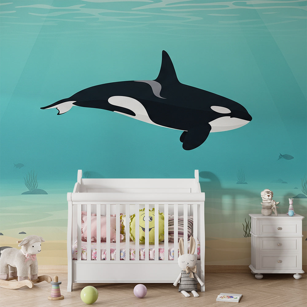 Kids-Mundo gliding orca wall mural brightening a bright, airy playroom wall.