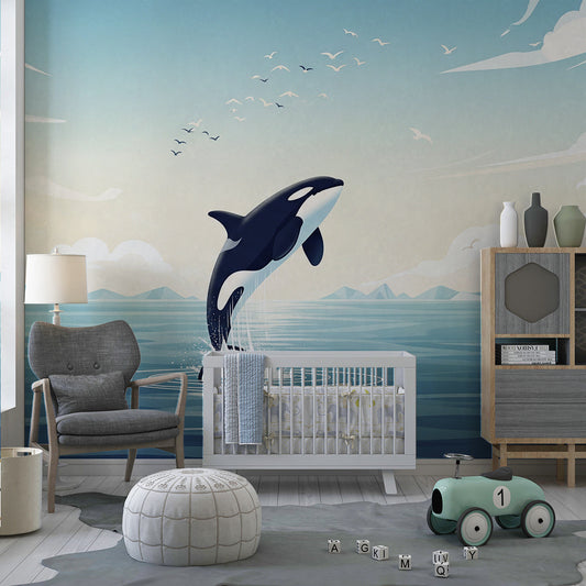 Kids-Mundo orca ocean mural covering a feature wall in a blue-toned kids bedroom