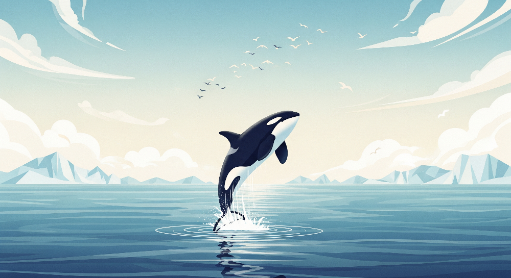 Kids-Mundo wall mural artwork of an orca whale leaping from an icy blue ocean