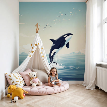 Kids-Mundo orca whale wall mural above a cot in a calm nautical nursery room