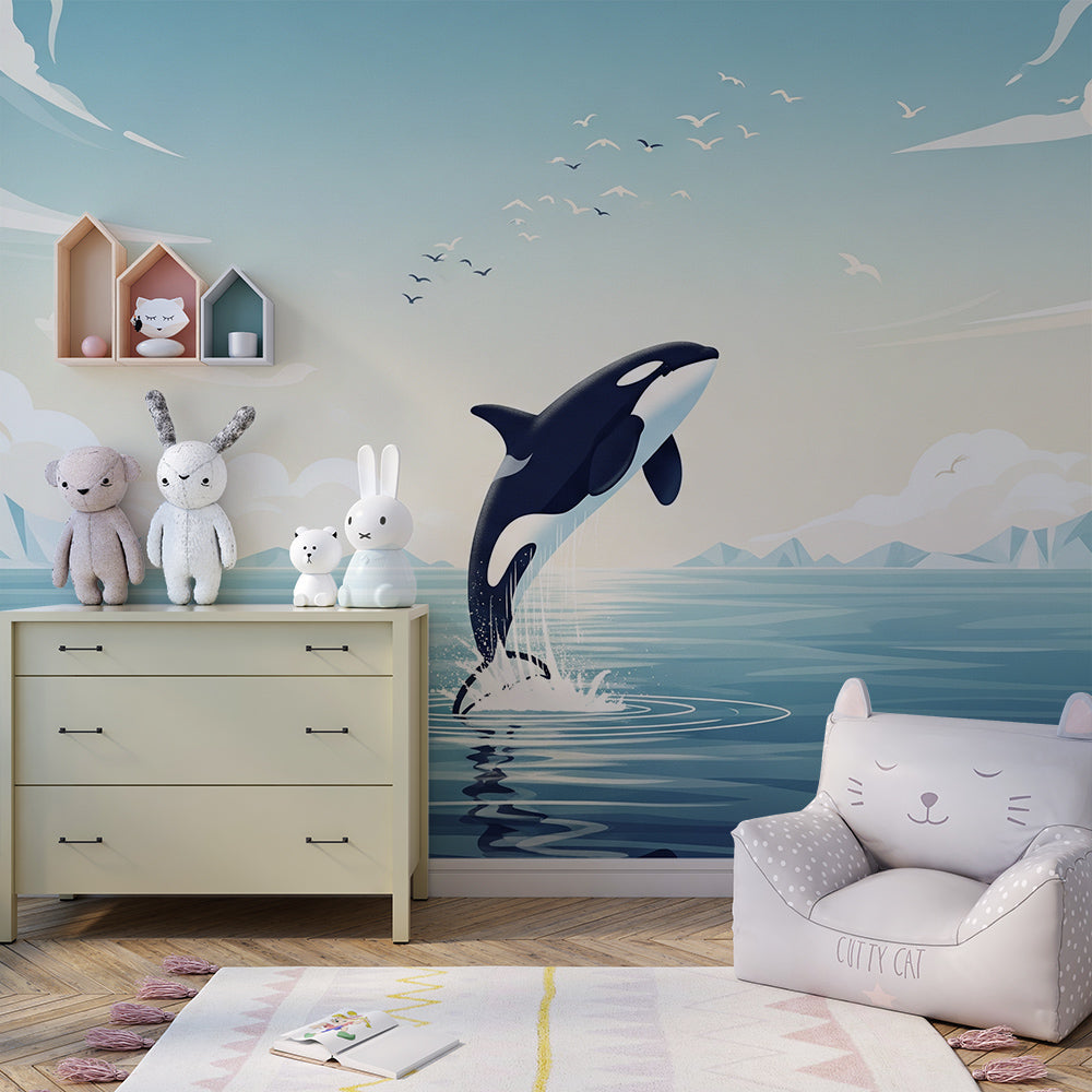 Kids-Mundo leaping orca mural brightening a playroom wall with icy mountain peaks