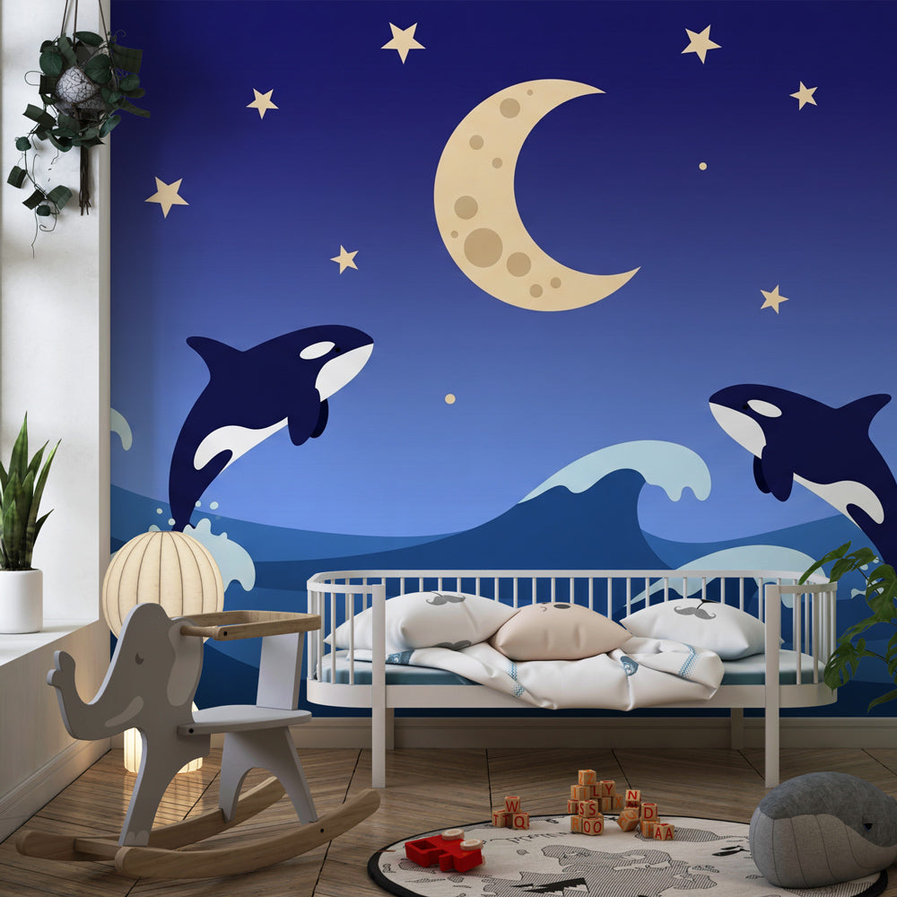 Starry night orca wallpaper transforming children's bedroom into underwater adventure space