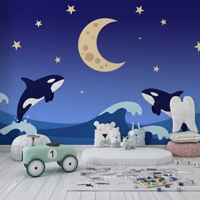 Ocean themed mural wallpaper with orca whales and stars for peaceful kids room by Kids-Mundo