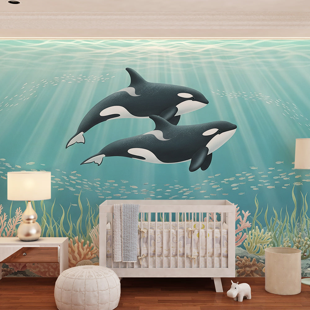 Kids-Mundo made-to-measure coral reef orca mural fitted to a kids bedroom wall.