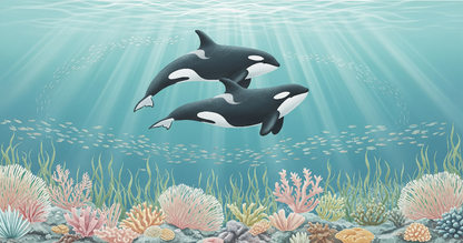 Kids-Mundo flat artwork of two orcas swimming above a colourful coral reef design.