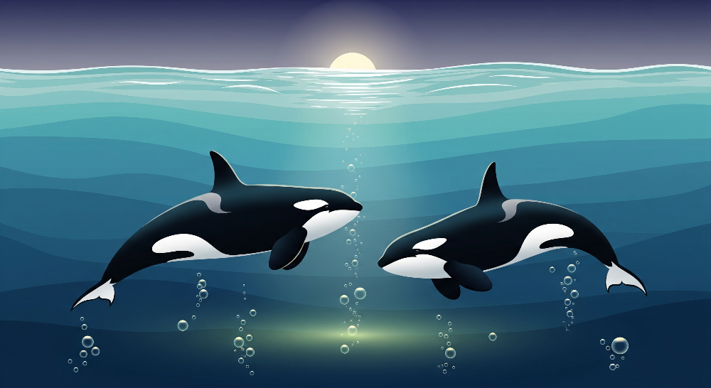 Two Orcas Swimming Beneath a Glowing Sun Wall Mural