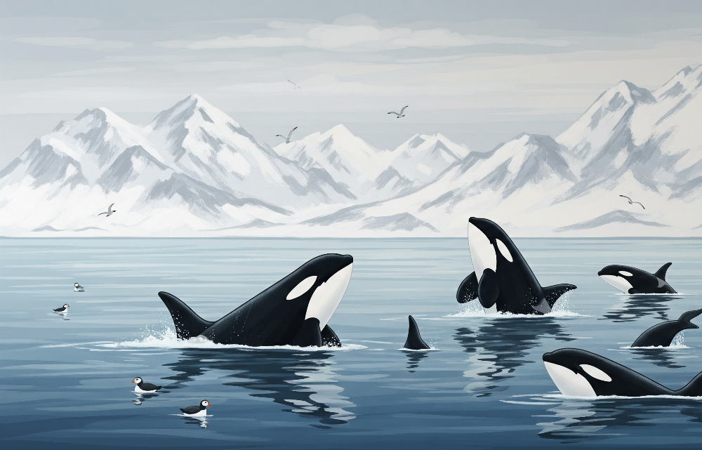 Kids-Mundo orca artwork showing orcas breaching icy water beneath snow-capped mountains.